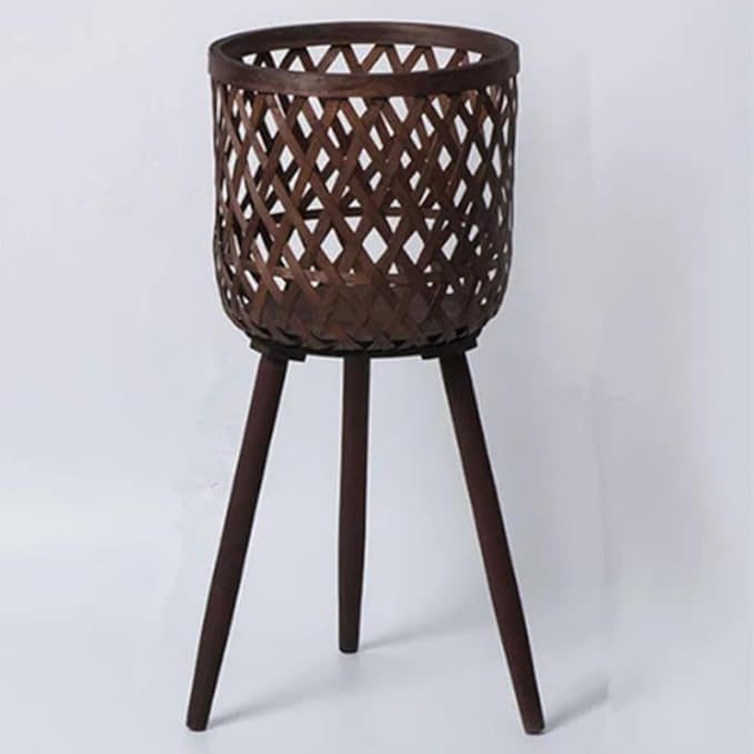 Nordic Style Rattan Flower Pot Indoor Balcony Living Room Plant Green Flowers Hand-Woven Wooden Tall Floor Flower Stand (Brown, 9.7x17inch(24.5x43cm))
