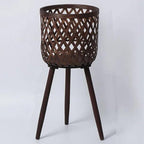 Nordic Style Rattan Flower Pot Indoor Balcony Living Room Plant Green Flowers Hand-Woven Wooden Tall Floor Flower Stand (Brown, 9.7x17inch(24.5x43cm))