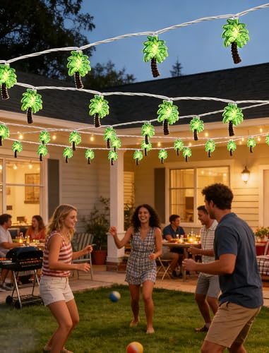 Upgraded 12FT 20 LED Palm Tree String Lights - [Warm Sunset Glow] - IP44 Waterproof Outdoor/Indoor Tropical Decor - Perfect for Tiki Bar, Patio, Beach Wedding & RV Camping - Connectable - color: Green (Leaves) / Warm White (Light)