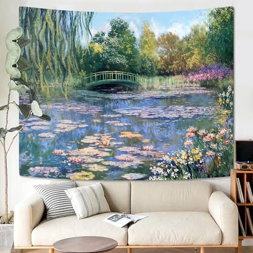 Accnicc Monet Water Lilies Tapestry Green Floral Plant Tapestries Aesthetic Monet Wall Art Posters Nature Flower Garden Landscape Small Tapestrys for Bedroom Living Room Dorm 48 x 36 Inch - color: Green Pink, size: 48"L x 36"W