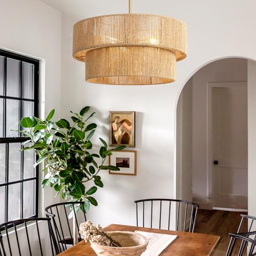 18'' Boho Rattan Chandelier Hand Woven Chandelier Light Fixture 3-Light Farmhouse Drum Pendant Light for Dining Room Bedroom Kitchen Hallway Foyer - color: 18" Rattan Gold