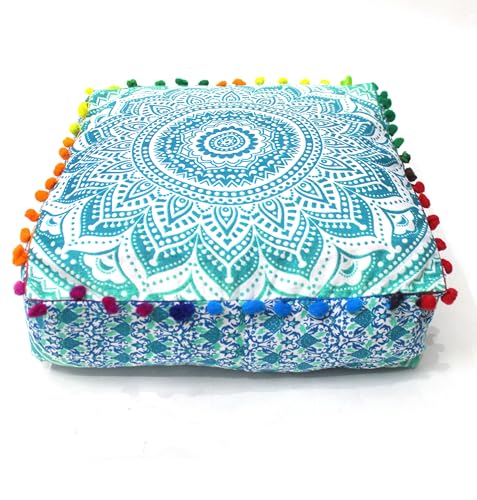 INDIAN CRAFT CASTLE Mandala Mandala Barmeri Large Floor Pillow Cover Cushion Meditation Seating Ottoman Throw Cover Hippie Decorative Zipped Bohemian Pouf Ottoman Cases (Green, 16" Square) - color: Green, size: 16"D x 16"W x 5"H