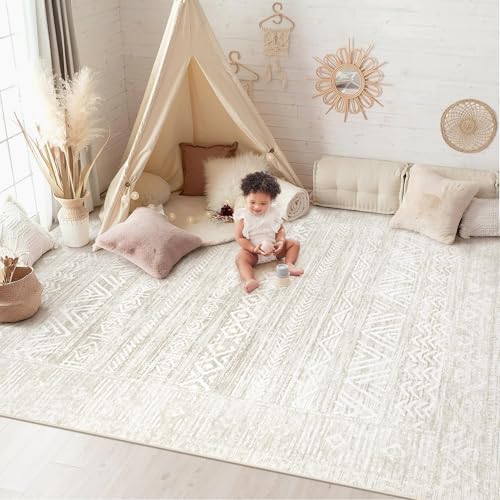 6x9 Area Rugs for Living Room: Washable Moroccan Geometric Boho Rug Farmhouse Non Slip Stain Resistant Large Rug Low Pile Soft Carpet for Bedroom Dining Room Home Office Kids Room (Ivory Beige,6'x9') - color: Ivory Beige, size: 6' x 9' (Rectangular)