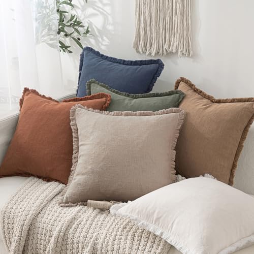 MIULEE Decorative Throw Pillow Covers Neutral Linen Fringe Throw Pillows Set of 2 Natural Linen Boho Farmhouse Cushion Covers with Tassels for Couch Sofa Bed Spring Home Decor 16x16 Inch - color: Natural Linen, size: 16" x 16" (Pack of 2)