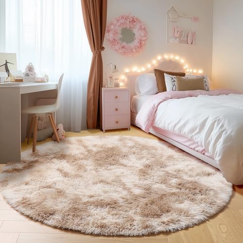 ONASAR Tie-Dye Beige Round Area Rug 4ft, Soft Bedroom Circle Rugs Floor Mats for Kids Girls Teen Room, Kawaii Fluffy Plush Shaggy Carpet for Baby Nursery Living Room Playroom Home Decor - color: Tie-dyed Light Beige, size: 4' (Round)