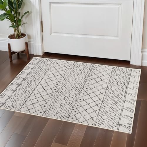 2x3 Entryway Rug Washable - Moroccan Small Area Rugs for Entryway Low Pile Indoor Mat Non Slip with Rubber Backing Thin Area Rug Pet Friendly for Front Door Kitchen Bedroom 2x3 Geo Grey - color: Geo Grey, size: 2' x 3' (Rectangular)