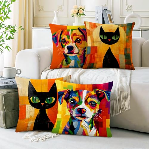BVBOX Set of 4 Throw Pillow Covers 18"x18", Double-Sided Decorative Pillow Cases, Soft Flax/Short Plush Pillow Covers for Bed, Sofa, Couch, Living Room, Bedroom (Flax, Cats and Dogs) - color: Cats and Dogs