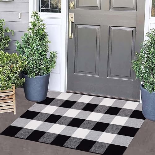Black and White Layered Doormat 24''x35''Buffalo Plaid Checkered Rug Cotton Machine Washable Mat for Front Porch, Kitchen, Farmhouse, Entryway,Bathroom - color: Black Buffalo, size: 24''x 35''