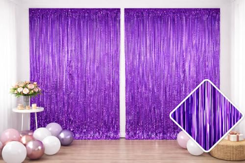 2 Pack Purple Metallic Tinsel Fringe Curtain Backdrop Streamers 3.2ft x 6.4ft. Party Decoration for Birthday, Wedding, New Years Eve, Graduation, Baby Shower & Other Event Decoration - color: Purple