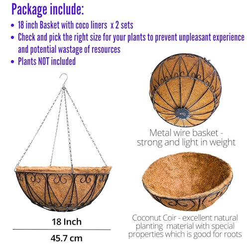 LaLaGreen Hanging Baskets for Plant Outdoor (18 Inch, 2 Pack) Large Black Metal Wire Hanging Planter with Coco Liner Round Flower Pot Hook Holder Hanger Deck Porch Modern Garden Balcony Country Decor - size: 18" x 2 Pack
