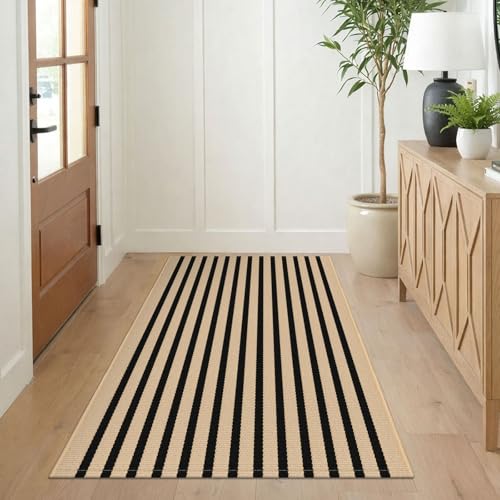 KILOCOCO Striped Rug 3'x5' Front Door Rug Woven Cotton Washable Stripe Layered Doormats Indoor Outdoor Door Mat for Front Porch/Kitchen/Farmhouse/Entryway/Patio, Brown - color: Brown and Black Stripes, size: 3' x 5' (Rectangular)