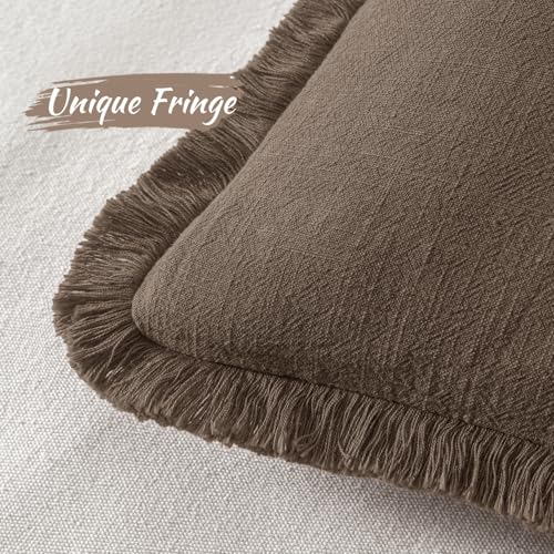 MIULEE Decorative Throw Pillow Covers Neutral Linen Fringe Throw Pillows Set of 2 Chocolate Brown Boho Farmhouse Cushion Covers with Tassels for Couch Sofa Bed Living Room Spring Decor 18x18 Inch - color: Chocolate Brown, size: 18" x 18" (Pack of 2)