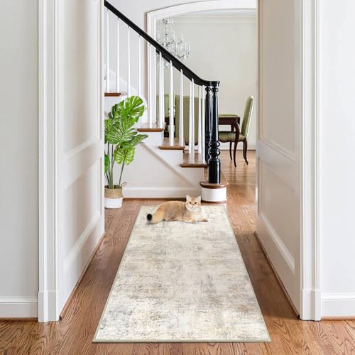 Capslpad 2x6 Beige Abstract Hallway Runner, Ultra Soft Fabric Washable Runner Rug, Non-Slip Rubber Backing, Stain Resistant Low Pile Runners for Hallways, Kitchen, Entryway, Bedroom, Laundry - color: Beige, size: 2' x 6' (Runner)