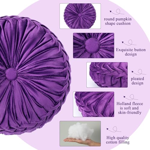 Drydiet 1 Pcs Round Throw Velvet Pillows Decorative Pleated Throw Pillows Diameter Accent Pumpkin Boho Chair Cushion for Couch Sofa Home Decoration (Purple,15'') - color: Purple, size: 15''
