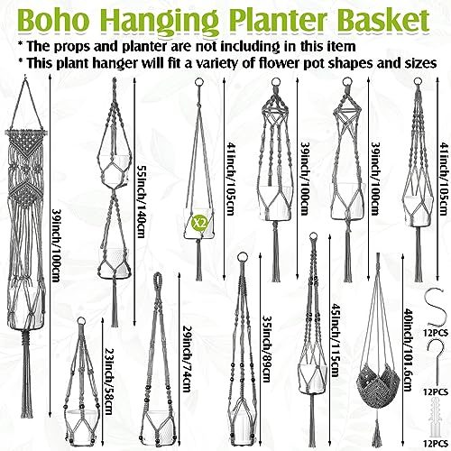 Hoteam 12 Pcs Macrame Plant Hangers Macrame Hanging Planters for Indoor Plants Handmade Boho Hanging Baskets Flower Pots Holder for Outdoor Home Wall Decor - color: Gray