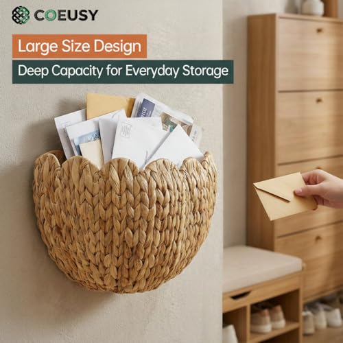 Coeusy Wicker Wall Basket, Boho Scalloped Wall Basket,Large Wall Hanging Baskets for Nursery,Door,Plants,Mail,Natural Water Hyacinth - color: Water Hyacinth