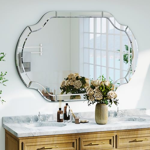 47" x 32" Large Wall Mirrors for Living Room, Modern Elegant Decorative Mirror with Beveled Glass Scalloped Corner, Horizontal or Vertical Hanging for Bathroom, Entryway, Dining Room - size: 47"L x 32"W