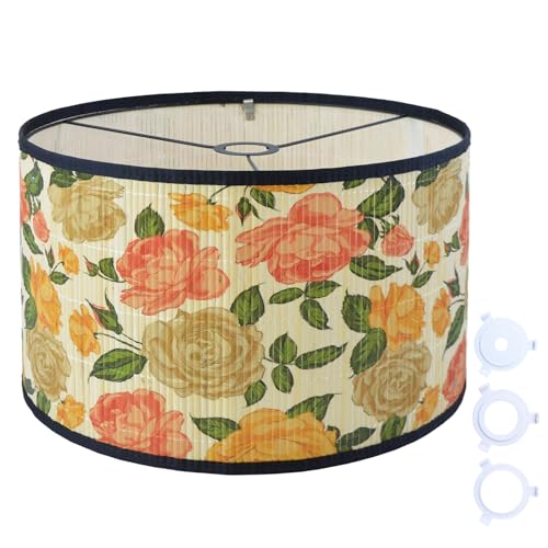 Bamboo Lamp Shade With Tropical Plants Chandelier Covers, Bohemian Farmhouse Drum Lamp Shade for Table Lamp Floor Lamp, Rustic Rattan Light Fixture for Bedroom Living Room (16x16x10 inch) - color: color8, size: 16*10