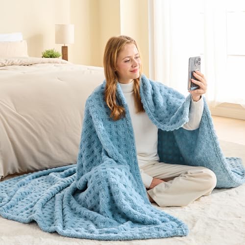 NEWCOSPLAY Super Soft Throw Blanket Blue Premium Silky Flannel Fleece 3D Waffle Checkered Lightweight Bed Blanket All Season Use (Blue, Throw(50"x70")) - color: Blue, size: Throw(50"x70")