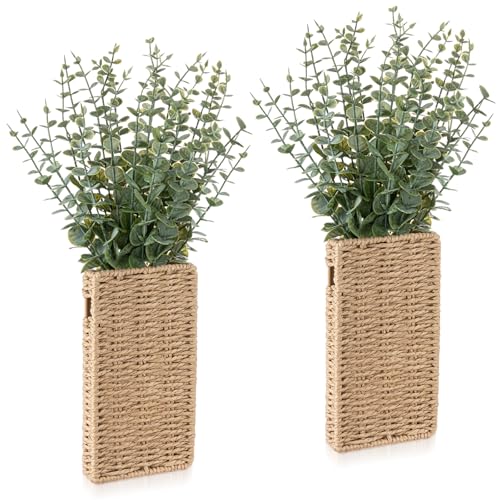 2 Pack Woven Wall Vase with Artificial Eucalyptus Boho Wall Basket Hanging Decor Rustic Pocket Planter Flower Vase for Indoor Living Room Bedroom Home Office Kitchen Decoration