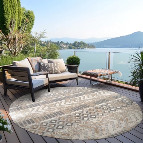 Rugshop Distressed Geometric Indoor/Outdoor Beige Round Area Rug Modern Tribal Stripe, Durable Stain Resistant Perfect for Patio, Backyard, Deck and Outdoor Lounge 8' Round - size: 7'10" x 7'10" (Rectangular)