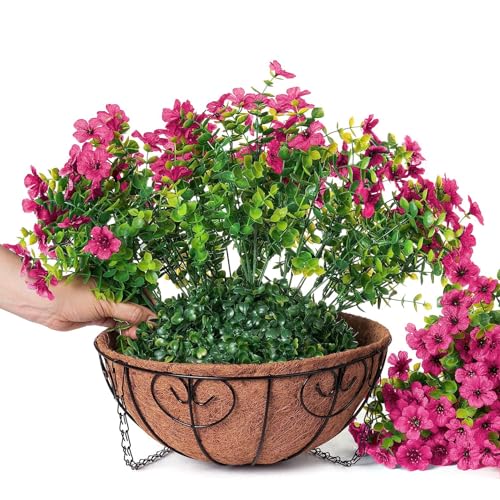HyeFlora Artificial Fake Hanging Plants Flowers Basket for Outdoor Outside Porch Summer Decoration, Faux Silk Hotpink Dasiy UV Resistant Realistic in Planter for Home Patio Garden Yard - color: Rose Red