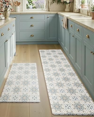 LUMI Anti-Fatigue Kitchen Floor Mats Set of 2,Cushioned Comfort Standing Rug Waterproof 2PCS, Non-Slip Ergonomic Foam Runner for Sink, Laundry, Office & Home,17x29+17x59, - color: Beige and Blue, size: 59"L x 17"W x 0.4"Th + 30"L x 17"W x 0.4"Th