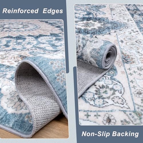 Macgace 5x7 Area Rug for Bedroom, Machine Washable Rugs with Non-Slip Backing for Living Room, Soft Vintage Carpet Kitchen Laundry Kids Room Decor, Blue & Beige - color: Blue & Beige, size: 5' x 7' (Rectangular)