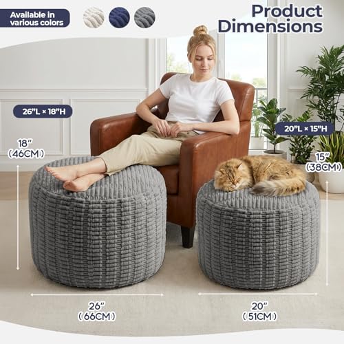 Round Pouf Ottoman Stuffed Corduroy Poufs Foot Rest with Foam Filling Fluffy Pouf Storage Foot Stools Ottoman Rest for Living Room Couch 20 X 15 Inches, Grey - color: Grey, size: 20"D x 20"W x 15"H