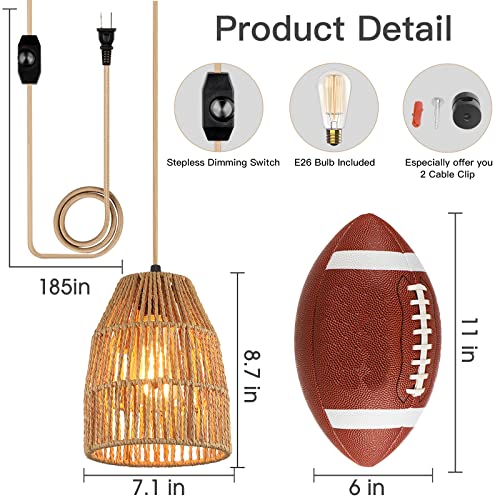Plug in Pendant Light, Hanging Lights with 15ft Golden Cotton Cord & Stepless Dimming Switch, Handwoven Hemp Rope Lampshade, Boho Hanging Lamp for Bedroom,Hallway (Bulb & 2 Swag Hooks Included) - color: Rattan 7.1"