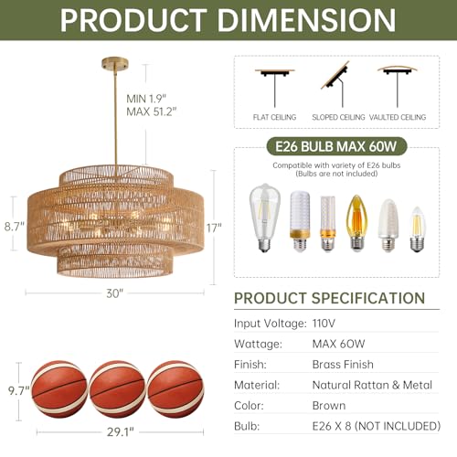30” Boho Rattan Chandelier Light Fixture, 8-Light Large Hand Woven Pendant Light Fixture Farmhouse Rustic Chandeliers for Dining Room, Kitchen, Bedroom, Living Room, Hallway, Foyer - color: Brown, size: 30” 8-Light