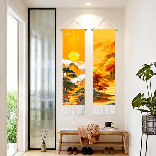 seewan 2 Pack Long Vertical Wall Tapestry, Boho Nature Landscape & Floral Aesthetic Wall Hanging for Bedroom Living Room Home Decor, Long Narrow Art Tapestry with Sunrise Mountain Botanical Designs, 13" × 51" (Golden Horizon Dawn, 13"Wx51"H, Unframed) - c
