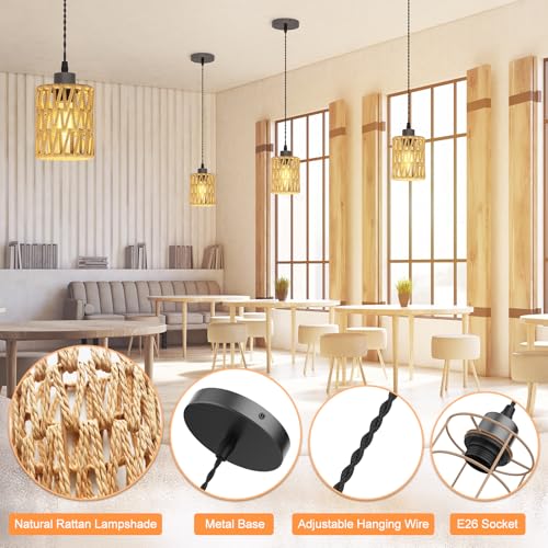 Sytmhoe 3Packs Boho Rustic Hemp Rope Pendant Light Hand-Woven Rattan Cage Basket Coastal Light Fixture Farmhouse Wicker Hanging Lighting for Kitchen Island Dining Room Bedroom