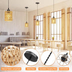 Sytmhoe 3Packs Boho Rustic Hemp Rope Pendant Light Hand-Woven Rattan Cage Basket Coastal Light Fixture Farmhouse Wicker Hanging Lighting for Kitchen Island Dining Room Bedroom