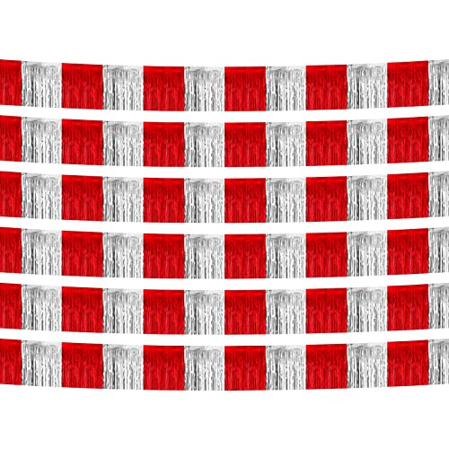 6 Pack 10 Feet Red Silver Foil Fringe Garland Metallic Tinsel Streamers Banner Wall Hanging Curtain Backdrop Banner for Parade Floats, Thanksgiving, Christmas, Birthday, Halloween Party Decorations - color: 6 Pack Red Silver