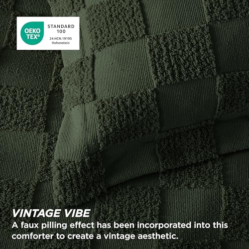 Bedsure Dark Olive Green Queen Size Comforter Set, Boho Tufted Bed Set, Checkered Farmhouse-Style Distressed Vintage Bedding, 3 Pieces, 1 Plaid Geometric Comforter and 2 Pillow Shams - color: 02 - Dark Olive Green - Tufted Checkboard, size: Queen