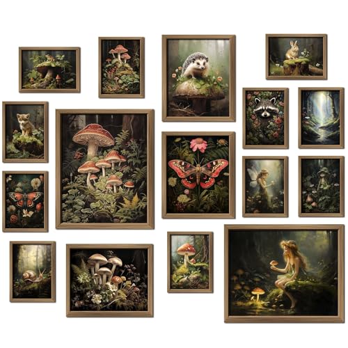ANERZA 16 PCS Dark Cottagecore Wall Art Decor, Cottage Core Gallery Wall Prints for Bedroom, Fairycore Posters for Living Room Aesthetic, Nature Forest Mushroom Collage Kit, Whimsical Dorm Home Decor - color: DarkOliveGreen, size: 11"x14" Unframed