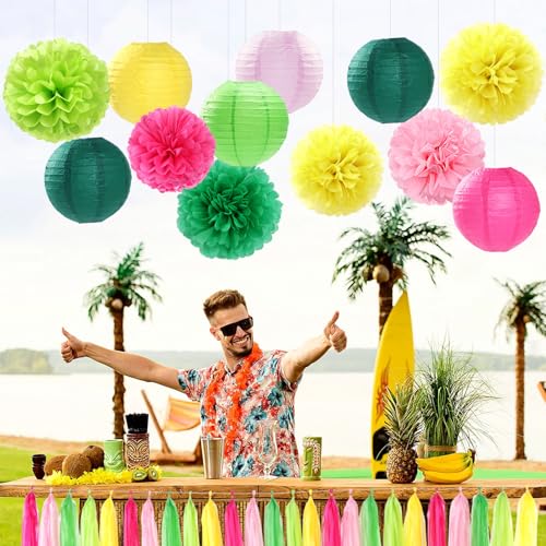 Hawaiian-Summer Pool Party-Decorations Paper-Flowers Lanterns - 15pcs Luau Tropical Beach Tissue Pom Poms Streamers,Birthday Bachelorette Wedding Baby Shower Graduation Hanging Supplies Decor Hugfond - color: Hawaiian