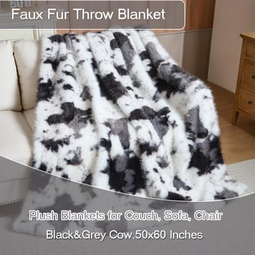 Luxury Fluffy Faux Fur Throw Blanket,Thick Fluffy Silky Fuzzy Cozy Blanket,Plush Blankets for Couch, Sofa, Chair, Bed-Black&Grey Cow-50 * 60inch - color: Black&grey Cow, size: Throw (50" x 60")