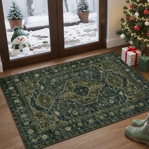 Tangsoo Oriental Small Washable Rugs for Entryway 2x3 Vintage Olive Green Rug Non Slip Small Area Rug, Front Door Boho Print Door Mat Indoor Entrance Soft Low Pile Throw Rug for Entry Kitchen Bedroom - color: Dark Blue/Green, size: 2' X 3' (Rectangular)