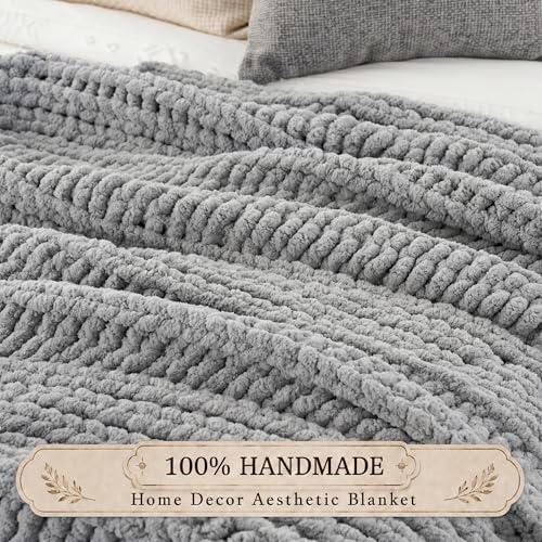 Battilo Cozy Light Grey Throw Blanket 50" x 60" | Hand Knitted Chunky Knit Throw Blanket, Soft Jumbo Chenille for Couch Sofa Bed - color: Light Grey