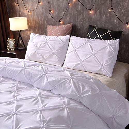 Feelyou Queen Duvet Cover Set Pinch Pleated Bedding Sets Pintuck Tufted Microfiber Polyester Luxury Comforter Cover with 2 Pillow Shams White, Solid Geometric Pattern 3 Pieces - color: White, size: Queen