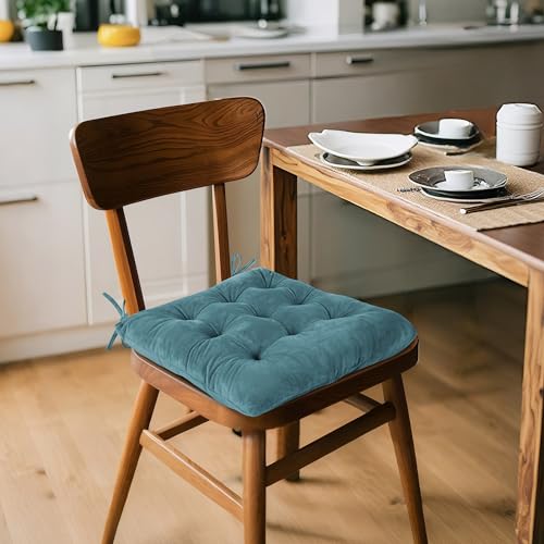 ELFJOY 4 Pack Chair Cushions for Dining Chairs Chair Pads Cushion for Kitchen Office Tufted Square Seat Cushion with Ties (16" Blue Velvet) - color: Blue Velvet