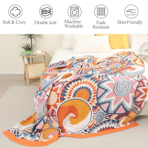 Snycler Boho Throw Blanket for Bed - 100% Cotton Ultra Soft Rustic Quilt Fall Blanket - Orange Floral Printed Farmhouse Decor Bed Blankets, 60"×80" All Season Rustic Throw for Sofa Couch Chair - color: Boho Orange, size: 60"x80"