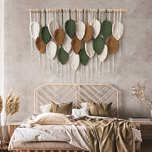 KHOYIME Large Macrame Wall Hanging Boho Woven Tapestry, Chic Home Decor Modern Bohemian Handmade Leaf Feather Wall Art Decorations for Apartment Dorm Living Room Bedroom Nursery Backdrop 39"W X 29.5"L - color: 39"W x 29.5"L