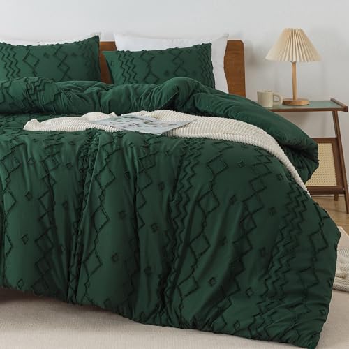 Andency King Size Comforter Set, 3 Pieces Dark Emerald Green Boho Tufted Geometric Shabby Chic Bedding, Soft Fluffy Farmhouse Bed Set, Jacquard Textured Comforter for All Season (104x90 Inch) - color: 02 - Emerald, size: King(104"x90")