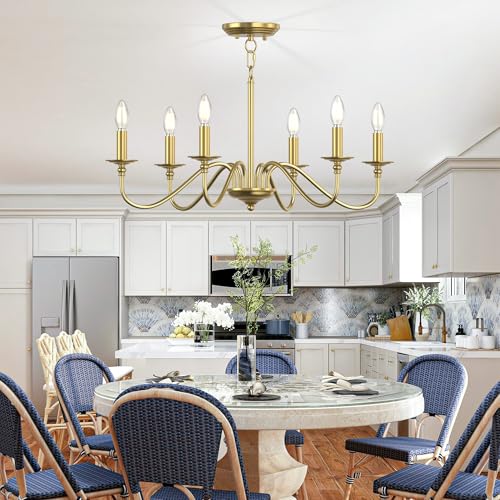 Rustic Farmhouse Candle Chandelier for Dining Room, 6-Light Rustic Black Iron Light Fixture with Classic S-Arm Design for Kitchen Island, Living Room, Foyer-Brass Gold - color: Brass Gold