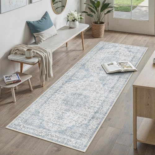 PureCozy 2x6 Runner Rug Washable Neutral Blue Vintage Hallway Kitchen Carpet Non Slip Low Pile Soft Floral Indoor Long Throw Rug for Bedroom Bathroom Laundry Living Room - color: Vintage | Blue, size: 2' x 6' (Runner)