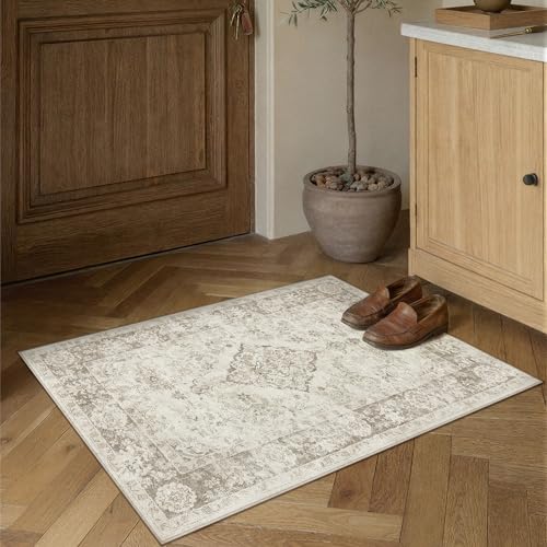 PureCozy Beige 2x3 Washable Area Rug for Living Room Neutral Vintage Floral Medallion Soft Small Door Mat Low Pile Non Slip Distressed Indoor Office Carpet for Bedroom Dining Room Nursery - color: Beige/Cream, size: 2' x 3' (Rectangular)