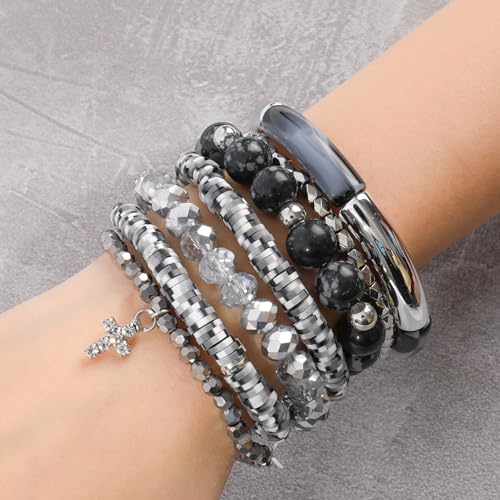 Bohemian Natural Stone Beaded Bracelets for Women Men Stackable Stretch Beads Bracelet Set with Charm and Tassel Multilayered Elastic Gemstone Bracelets Summer Beach Boho Jewelry Gift for Women - color: Black-1